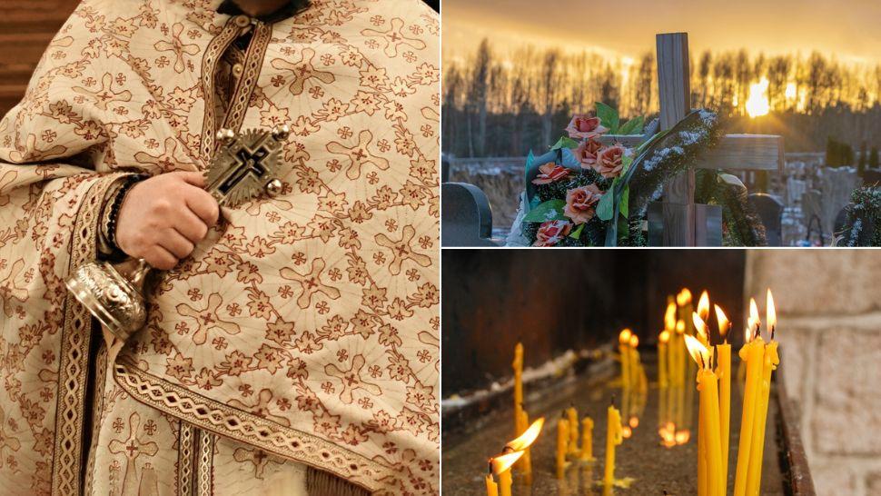 colaj preot ortodox cu o cruce în mână, crucea dintr-un cimitir în timpul unui apus și lumânări aprinse