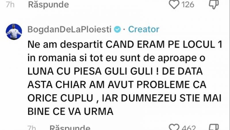 Bogdan de la Ploiești, reacție acidă în mediul online. Ce i-a spus unui fan care l-a criticat pentru separarea de Cristina Pucean