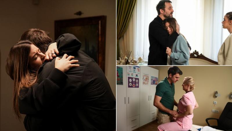 colaj Lia și Petru îmbrățișându-se, Gianni îmbrățișând-o pe Lia în timp ce Carla se uită la ei și Pavel și medicul ginecolog pe biroul medicului
