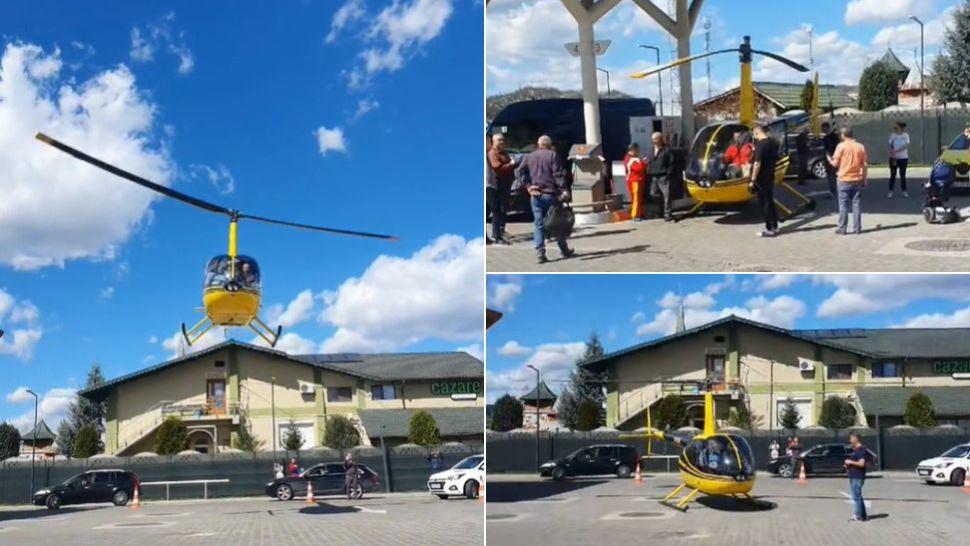 colaj elicopter galben în timp ce decolează de la sol dintr-o benzinărie, elicopterul galben la pompă în benzinărie și elicopterul galben în benzinărie în Curtea de Argeș