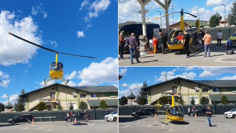 colaj elicopter galben în timp ce decolează de la sol dintr-o benzinărie, elicopterul galben la pompă în benzinărie și elicopterul galben în benzinărie în Curtea de Argeș