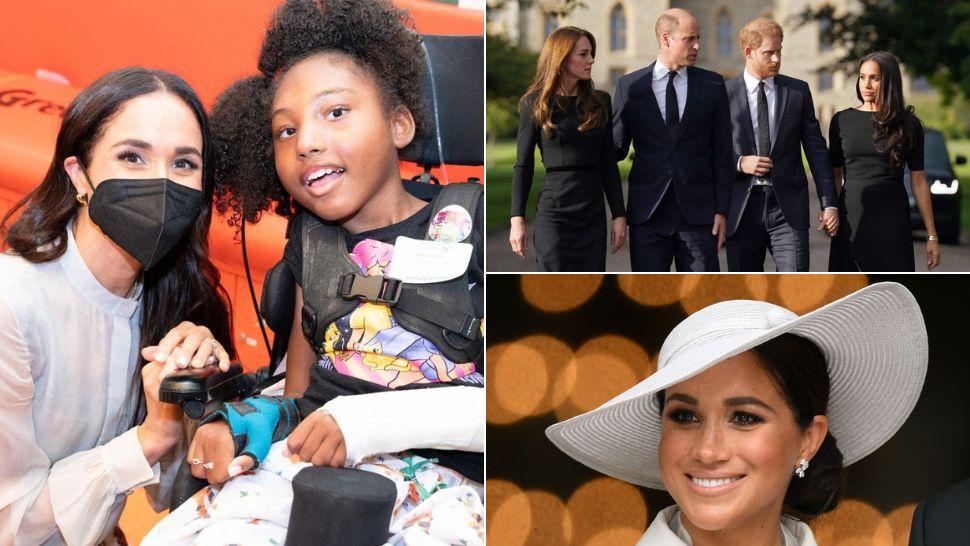 colaj Meghan Markle cu o fetiță de la spitalul de copii din Los Angeles, Kate Middleton, Prințul William, Prințul Harry și Meghan Markle după funeraliile Reginei Elisabeta a II-a, Meghan Markle cu pălărie albă