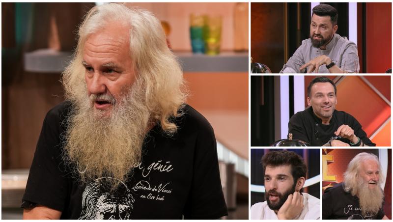 Colaj cu pictorul Vasile Mureșan (Murivale) în bucătăria Chefi la cuțite alături de jurați
