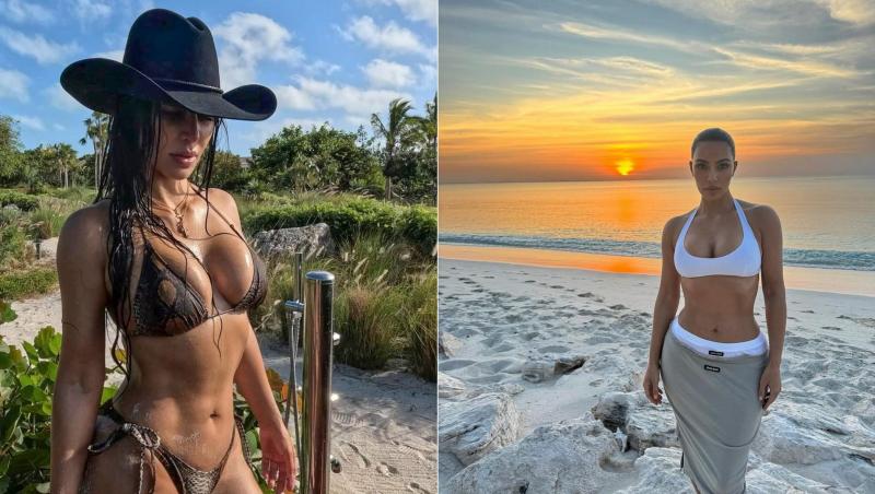 Kim Kardashian a acaparat toate blițurile fotografilor pe o plajă din Caraibe când a apărut în costum de baie.