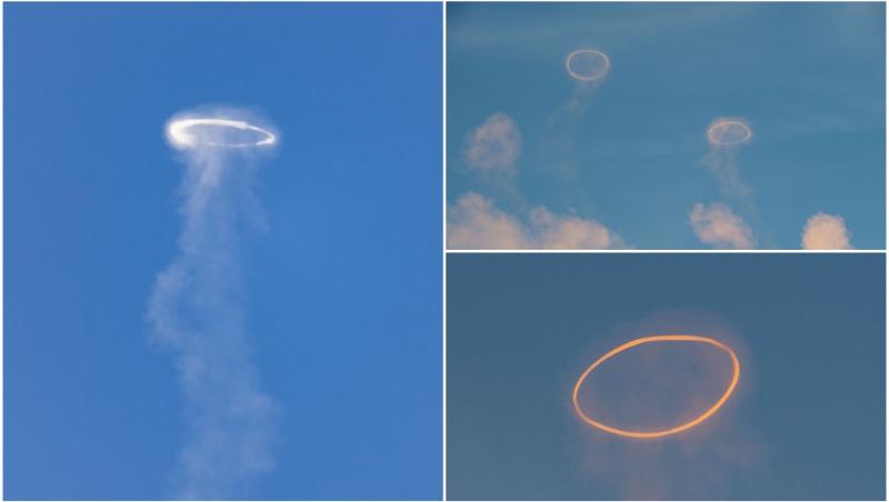Fenomenul bizar care a apărut pe cerul senin sub forma unor „inele de fum”. Ce apare, de fapt, în imagini