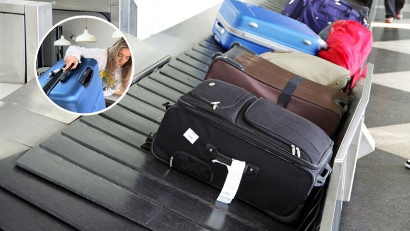 colaj valize pe banda din aeroport, tânără blondă care ține o valiză albastră