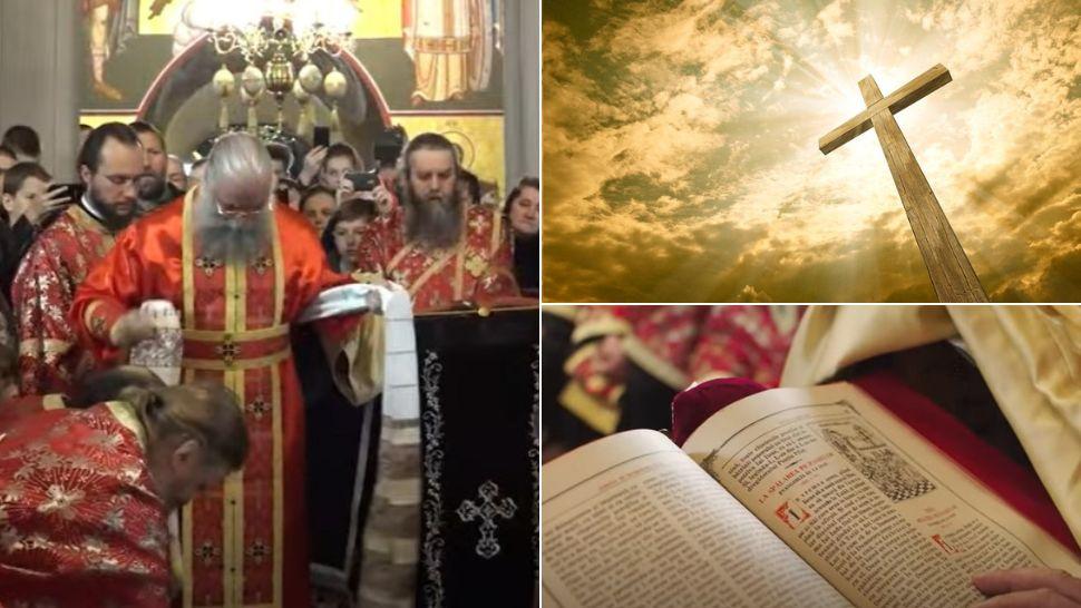 colaj preoți în biserică pregătindu-se de ritualul spălării picioarelor în joia mare, cruce de lemn în lumina apusului, carte bisercească