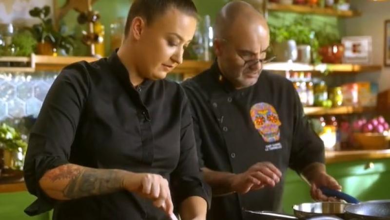 Hello Chef sezon 7, 25 mai 2024. Roxana Blenche și chef Samuel Le Torriellec au gătit o rețetă de saramură de biban pentru Misha