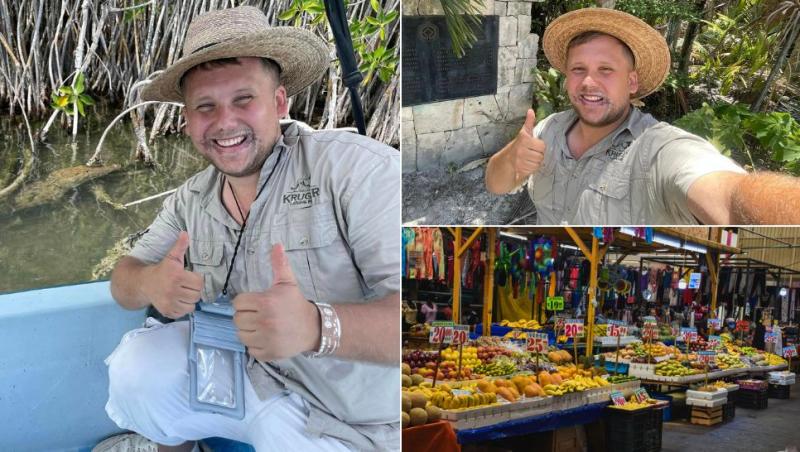 colaj Thomas Harold Watson pe o barcă, Thomas Harold Watson cu pălărie și o piață de fructe în Mexic