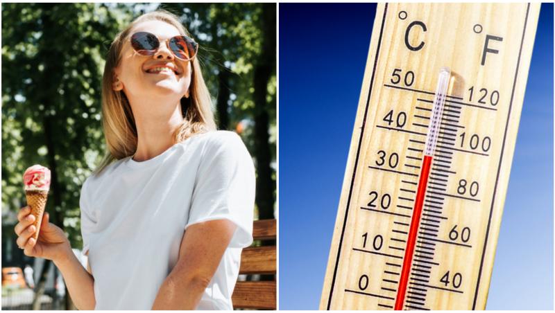 Colaj cu o tnara zmabind si mancand o incghetata, purtand un tricou alb si ochelari de soare si un termometru car eindica temperaturi de peste 30 de grade