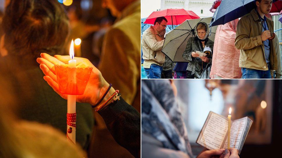 colaj lumânare de înviere n plin plan și oameni, pelerini sub umbrele și femeie care ține o carte bisericească și o lumânare aprinsă