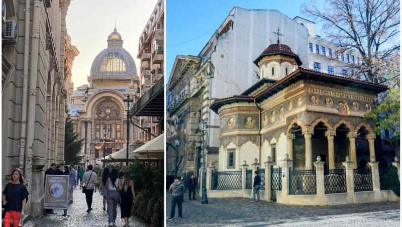 colaj foto cu imagine din centrul vechi si poza cu biserica stravropoleos din bucuresti