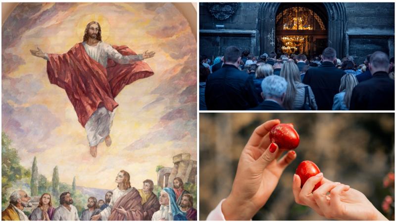 Colaj cu un tablou cu Iisus Hristos care se înalță spre ceruri, două persoane ce ciocnesc ouă roșii și oameni la slujbă în biserică