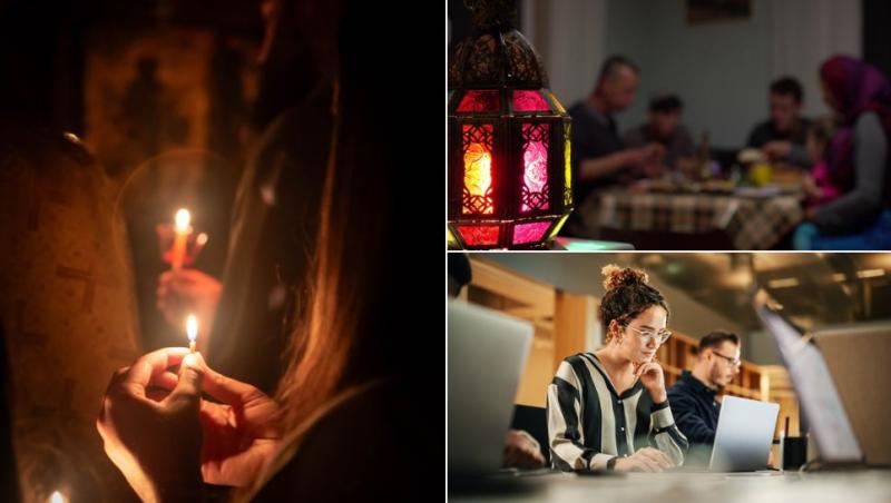 colaj lumânări aprinse la biserică, familie care ia masa cu lumânare aprinsă, tânără care muncește la laptop