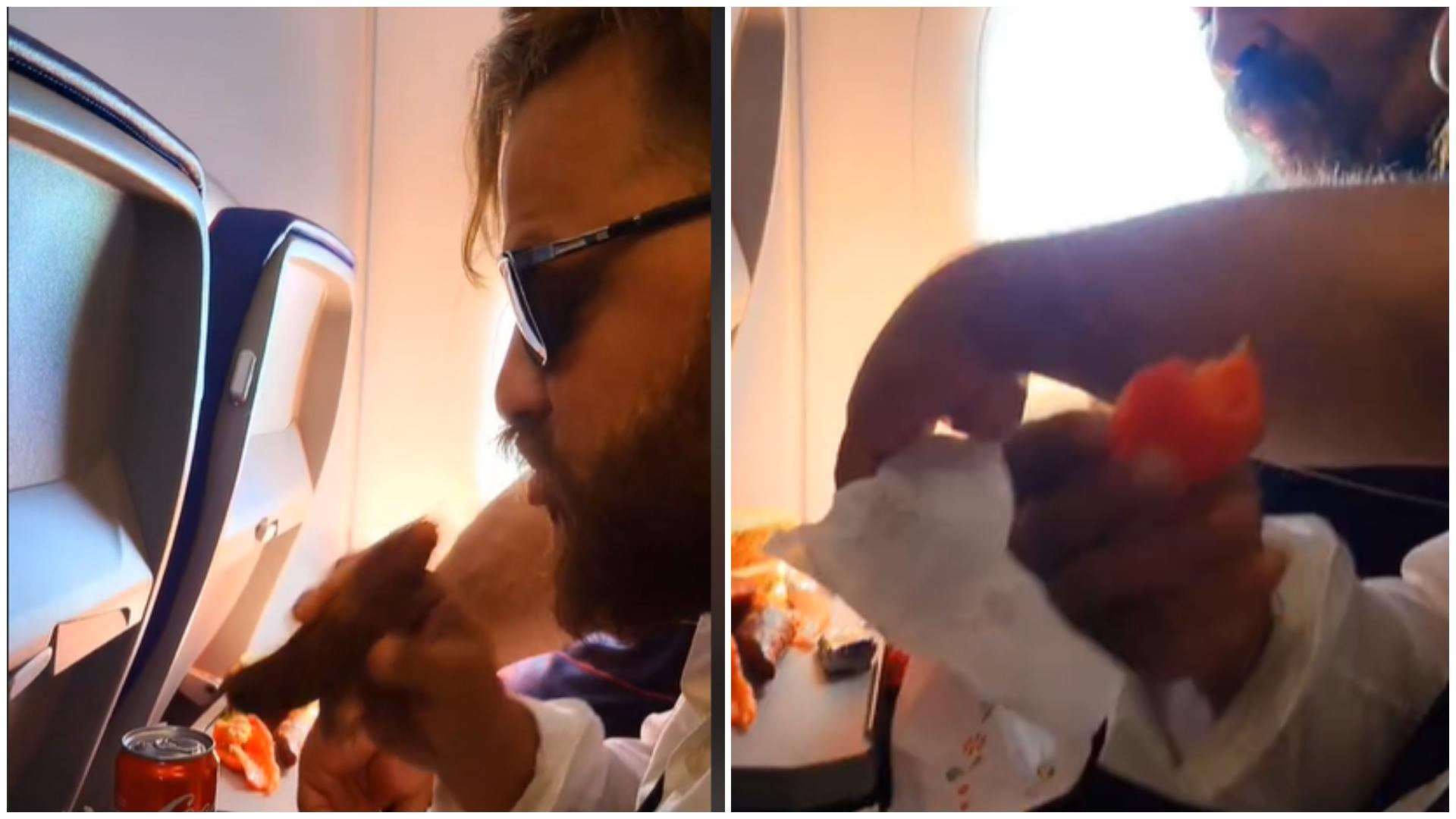 Doi rom&acirc;ni s-au filmat m&acirc;nc&acirc;nd c&acirc;rnați și roșii &icirc;n avion. Imaginile care au provocat indignare &icirc;n r&acirc;ndul conaționalilor