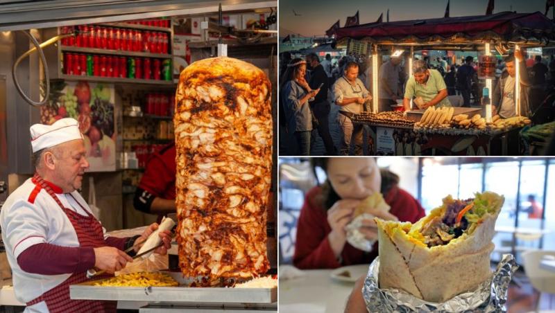 colaj chef care taie carnea pentru kebap, bărbați care pregătesc street food în istanbul, femeie care mănâncă dintr-o șaorma și o șaorma în prim-plan