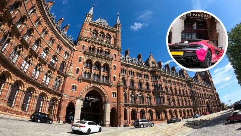 colaj hotelul St. Pancras Renaissance din londra și un mclaren 5700s roz parcat în fața hotelului