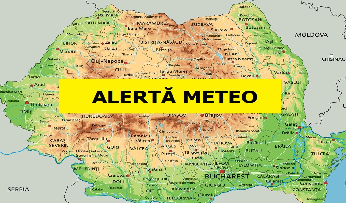 imagine cu harta romaniei si un chenar galben pe care scrie cu negru alerta meteo