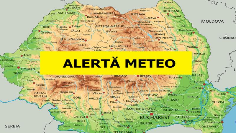 imagine cu harta romaniei si un chenar galben pe care scrie cu negru alerta meteo