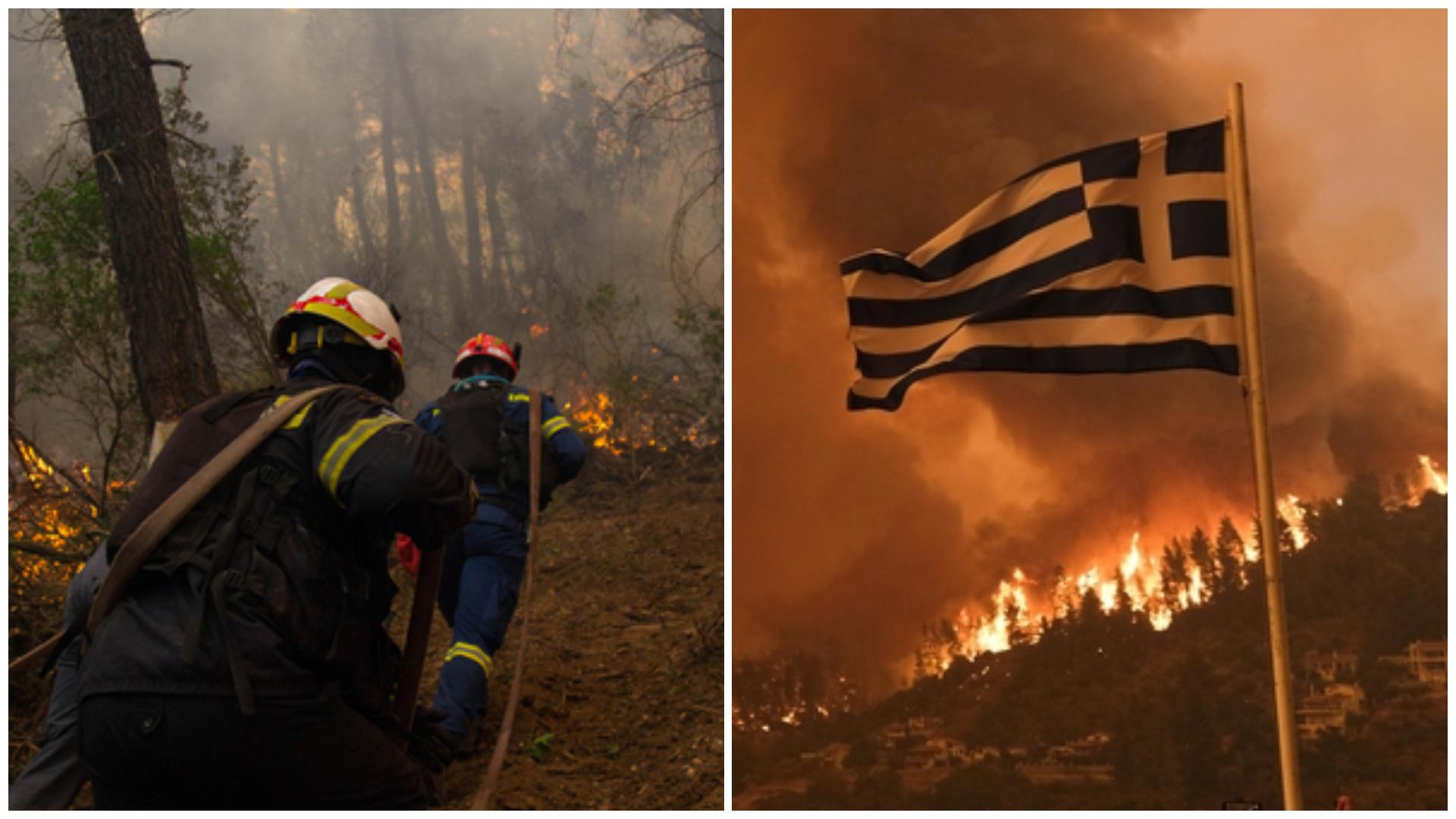 Pompieri care încearcă să stingă incendiile din Grecia