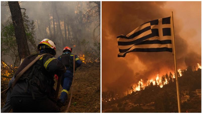 Pompieri care încearcă să stingă incendiile din Grecia