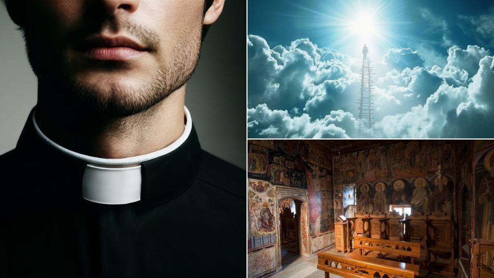colaj preot catolic cu sutană, scară cu o siluetă spre cer, locuri pentru credincioși într-o biserică mică