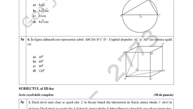 Subiecte și barem la Evaluarea Națională 2024, proba la matematică. Ce subiecte au avut de rezolvat absolvenţii clasei a VIII-a