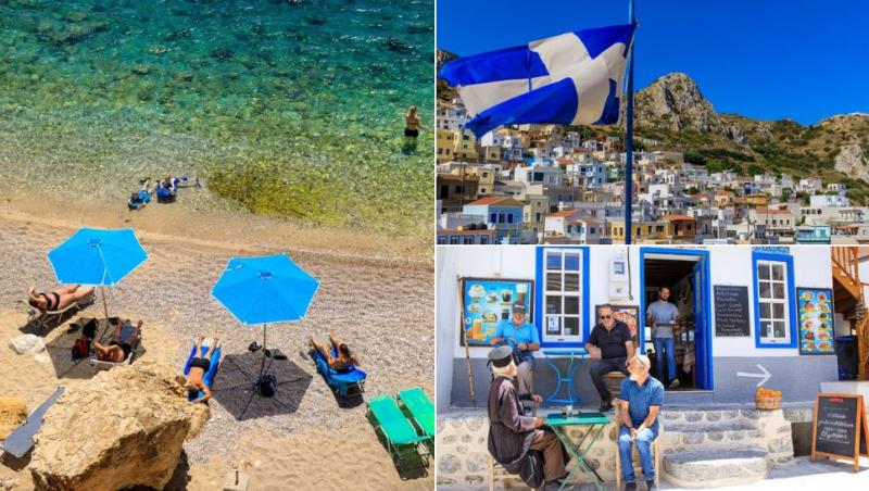 colaj turiști la plajă în grecia, steagul greciei arborat pe coline, localnici în fața unei taverne în grecia