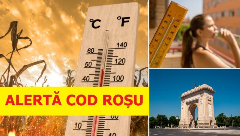 colaj foto cu termometru, arcul de triumf si femeie care bea apa in zi cu canicula si cod rosu