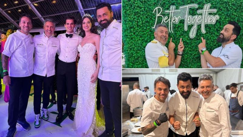 colaj ianis hagi și elena cu Chef Alexandru Sautner, Chef Orlando Zaharia și Chef Ștefan Popescu la nuntă