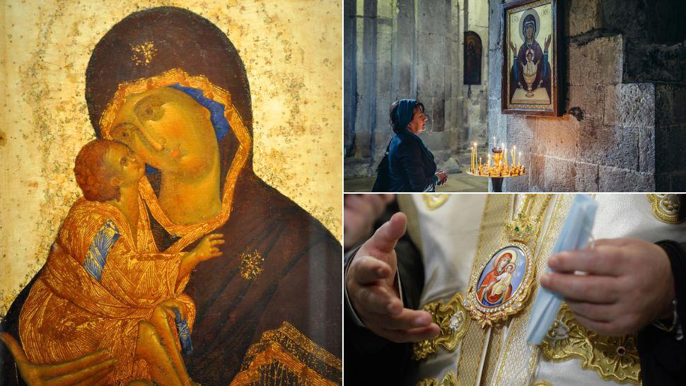 colaj icoană cu fecioara maria și pruncul, femeie are se roagă în fața icoanei fecioarei maria și preot care poartă la gât icoana sfintei fecioare cu pruncul