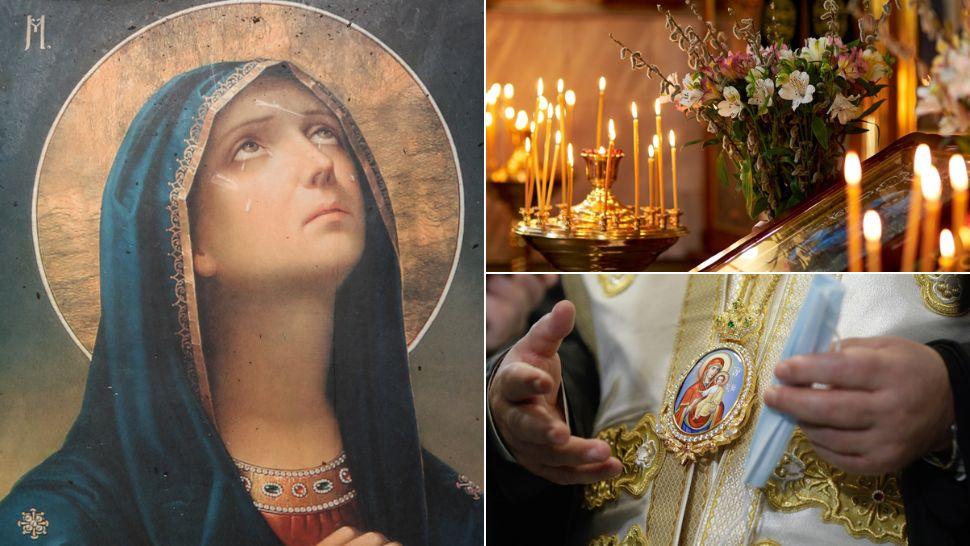 colaj icoană sfânta maria, lumânări aprinse în biserică lângă altar, preot cu icoana fecioarei cu prucul la gât