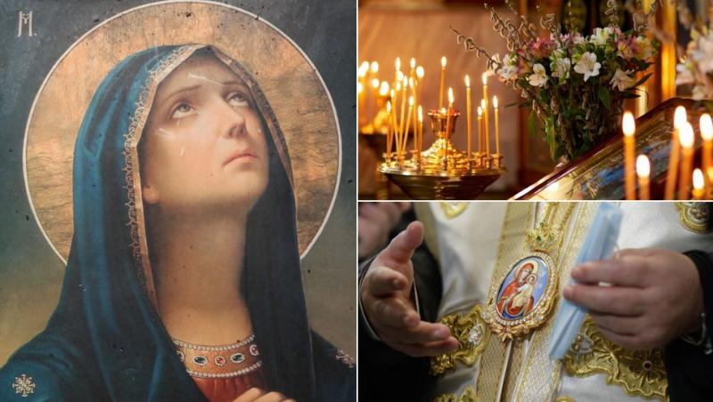 colaj icoană sfânta maria, lumânări aprinse în biserică lângă altar, preot cu icoana fecioarei cu prucul la gât