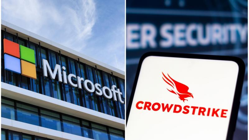 colaj foto cu sigla microsoft si sigla crowdstrike