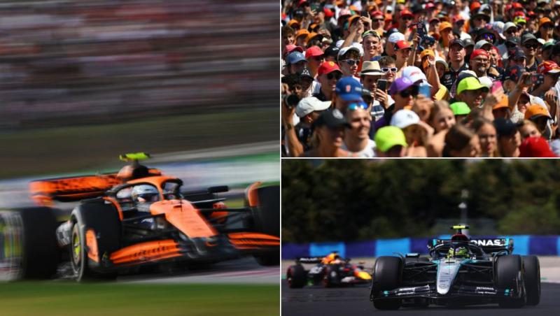 colaj monopost mclaren pe circuitul hungaroring, oameni în tribuna pe hungaroring, monoposturi f1 pe circuitul din ungaria