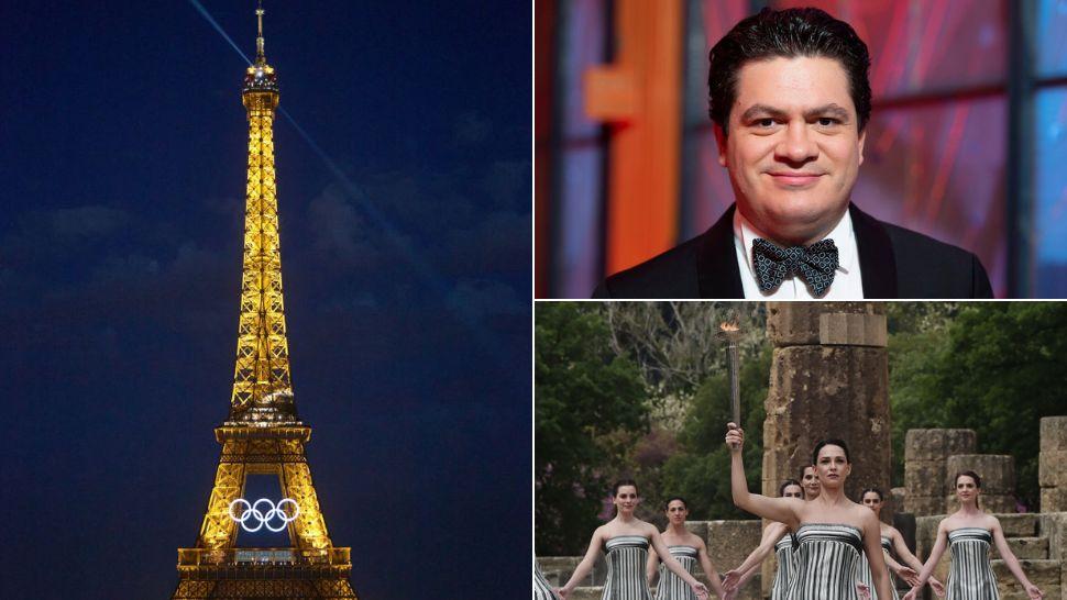 colaj turnul eiffel luminat cu cercurile jocurilor olimpice, cristian măcelaru, tânără care ține flacăra olimpică în mână