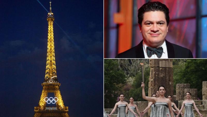 colaj turnul eiffel luminat cu cercurile jocurilor olimpice, cristian măcelaru, tânără care ține flacăra olimpică în mână