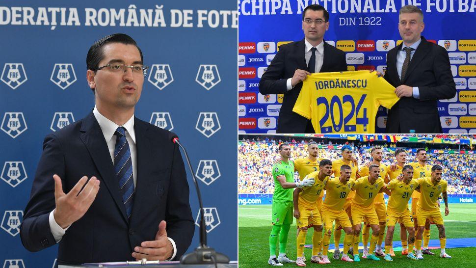 colaj răzvan burleanu vorbind la pupitru, răzvan burleanu și edi iordănescu ținând un tricou galben cu 2024, echipa naționalei la euro 2024