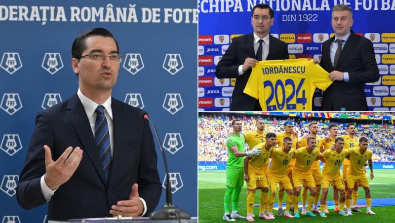 colaj răzvan burleanu vorbind la pupitru, răzvan burleanu și edi iordănescu ținând un tricou galben cu 2024, echipa naționalei la euro 2024