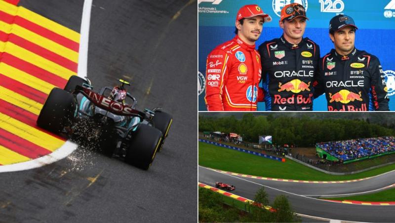 colaj monopostul lui lewis hamilton pe circuitul spa, charles leclc, max verstappen și sergio perez, monopost ferrari pe ciruitul spa