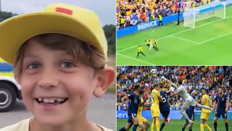 colaj copil cu șapcă galbenă și cu steagul româniei, stewarzi pe teren escortând un copil, niță apărând o minge trasă de jucătorii olandei la euro 2024
