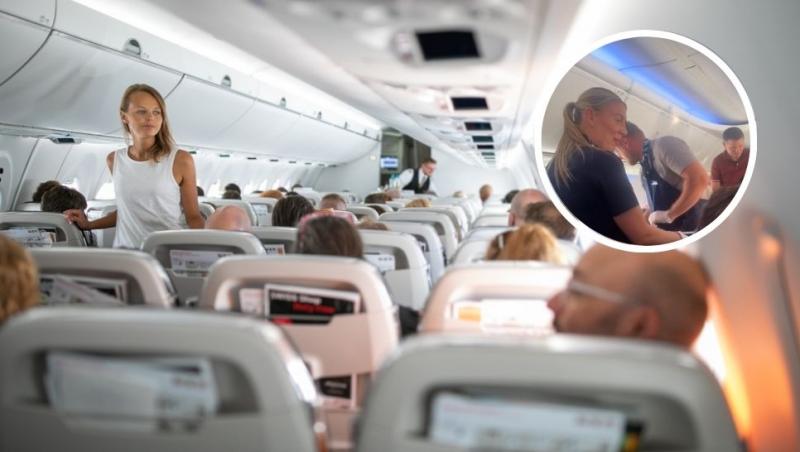 colaj pasageri așezați pe scaunele din avion și stewardesă și doi bărbați pe culoarele avionului