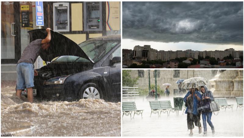 Colaj cu un om sub capota de la mașină, cer înnorat și două femei sub umbrelă