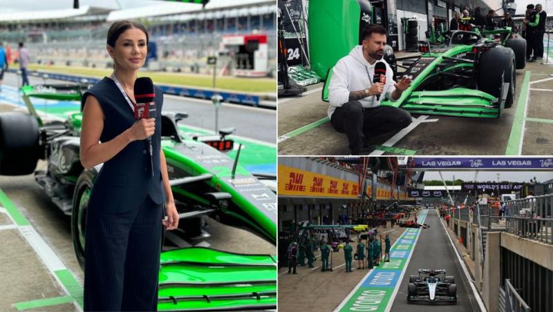 colaj ana maria gheorghe cu microfon în mână în padocul formula 1 la silverstone, florin ristei în fața unui monopost de formula 1 la silverstone, george russell în monopostul mercedes ieșind de la boxe la silverstone