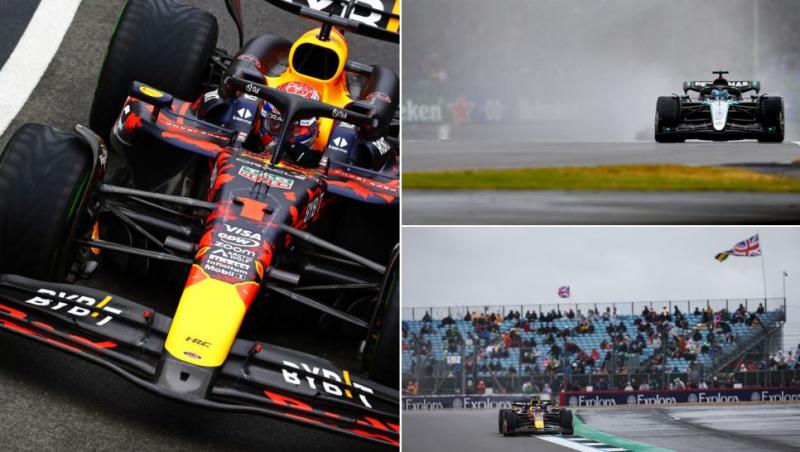 colaj monopost red bull de formula 1 pe circuitul de la silverstone, monopost mercedes pe circuitul de la silverstone, monopost redbull pe circuitul silverstone