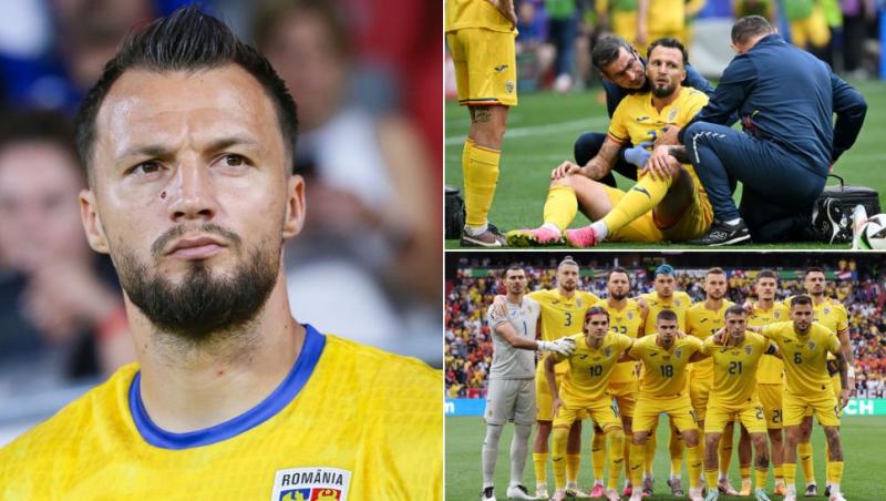 colaj vasile mogoș în echipamenul naționalei, vasile mogoș pe teren cu medicii lângă el, naționala româniei la euro 2024