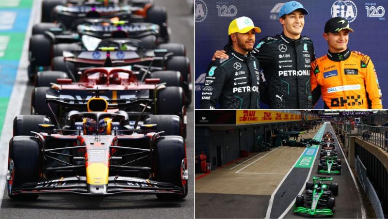 colaj monoposturi de formula 1 ieșind de la boxe, lewis hamilton, george russell, lando norris, monoposturi formula 1 ieșind din padoc