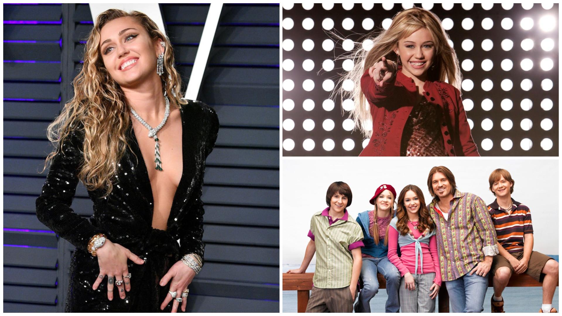 Colaj cu Miley Cyrus în trei ipostaze diferite, pe covorul roșu și la filmările pentru „Hannah Montana”