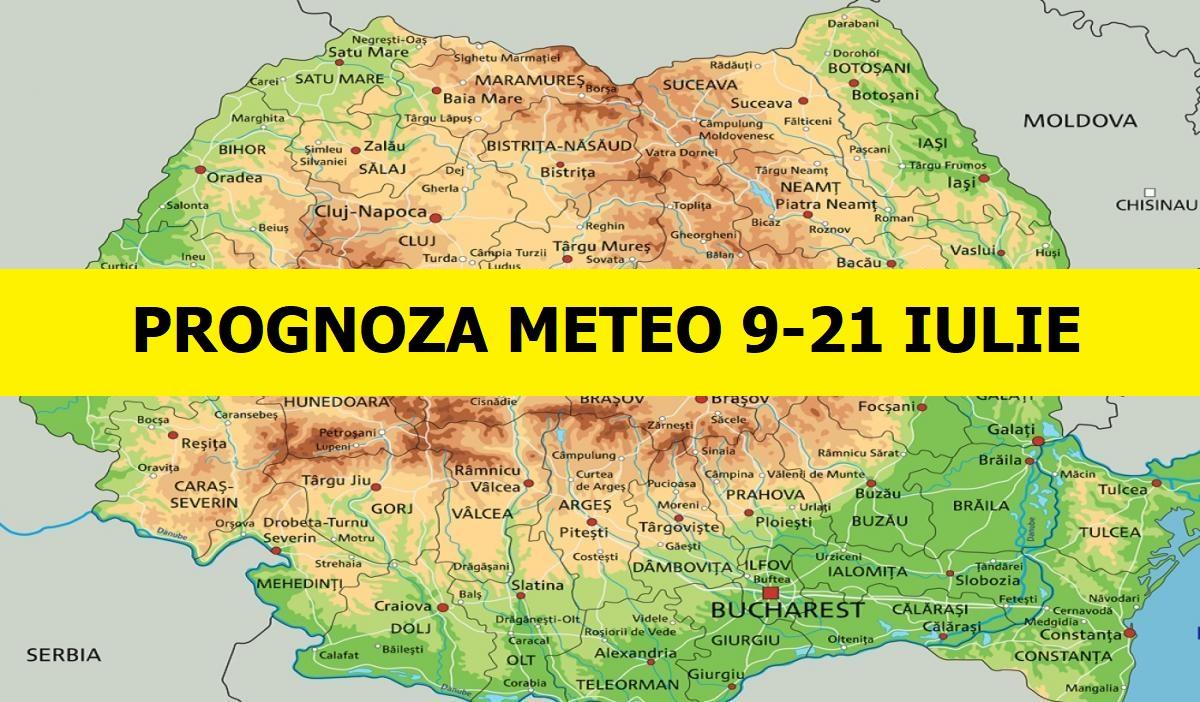 imagine cu harta romaniei si un chenar galben pe care scrie cu negru prognoza meteo 9-21 iulie