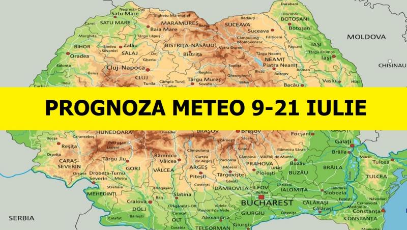 imagine cu harta romaniei si un chenar galben pe care scrie cu negru prognoza meteo 9-21 iulie